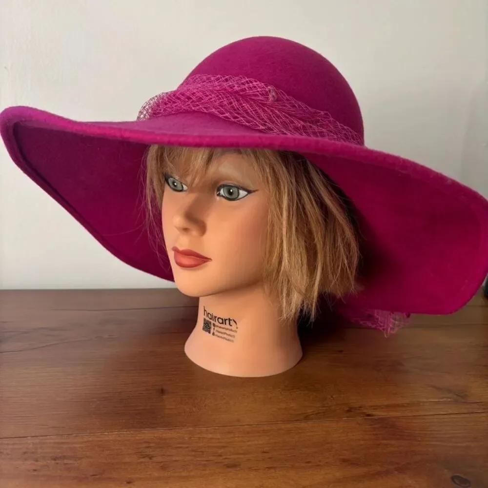 Vintage Mr Kurt Original Hot Pink 100% Wool Wide Brim Hat Excello Veil USA Made